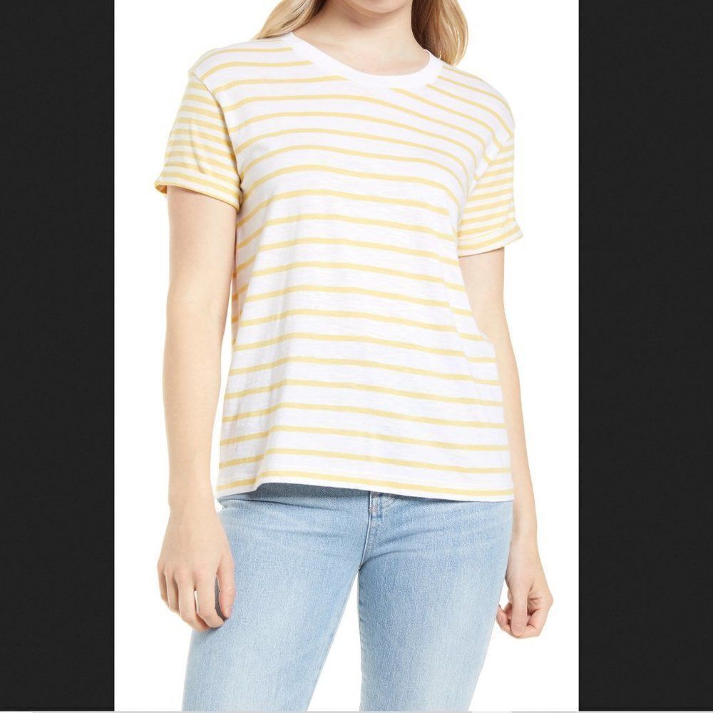 Caslon Short Sleeve Yellow Striped Top Size Small